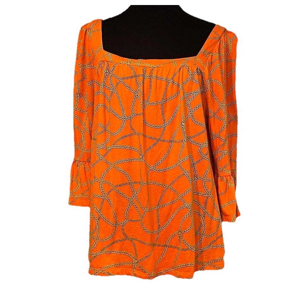 Michael Kors Women's‎ Size L Orange Gold Chain Print 3/4 Bell Sleeve Blouse Top